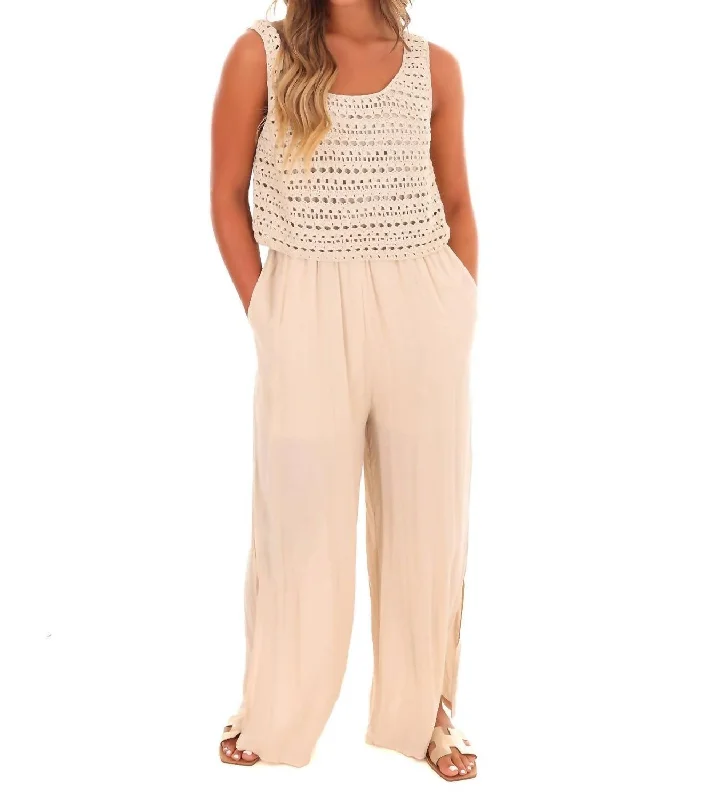 Clearance Sale Walk On The Beach Crochet Jumpsuit In Shell