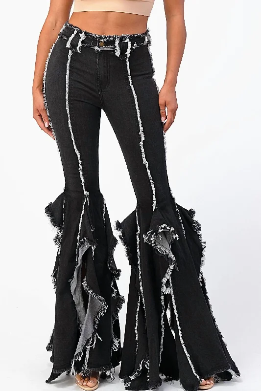 Huge Discounts Ruffle Flare Jeans In Black