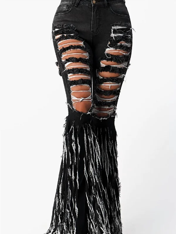 Weekend Discounts to Grab Ripped Destroyed Fringe Pant In Black