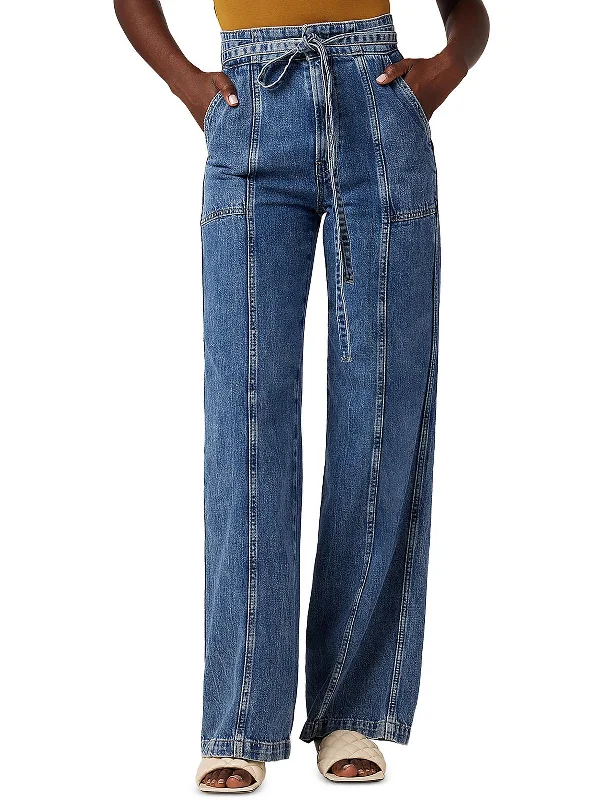 Factory Direct Sale Womens Belted Denim Wide Leg Jeans