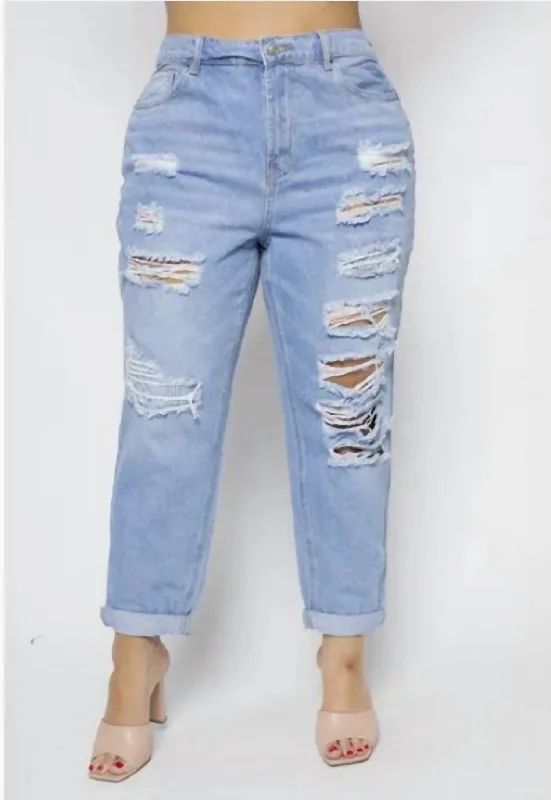 Steals and Deals Distressed Elastic Mom Jeans - Plus In Light Wash