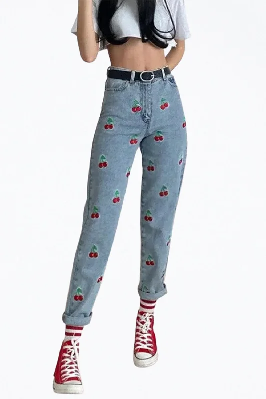 Best Seller High-Rise Cherry-Embroidered Tapered Jeans In Light Blue