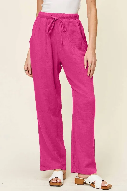 Daily Deals Texture Drawstring Straight Pants In Hot Pink
