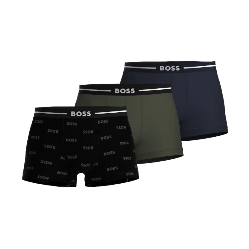 BOSS Mens 3 Pack Bold Design Cotton Stretch Trunk - Khaki/Black/Navy