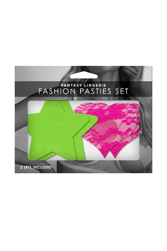 Fantasy UV Reactive Neon Star & Lace Heart Pasties Green & Pink Pack of 2