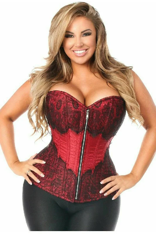 Fantastic Offers Top Drawer Wine Brocade Steel Boned Corset w/Black Eyelash Lace